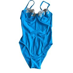 Vintage Gotttex Vibrant Turquoise Blue Lace Trim One Piece Swimsuit Women Size 8